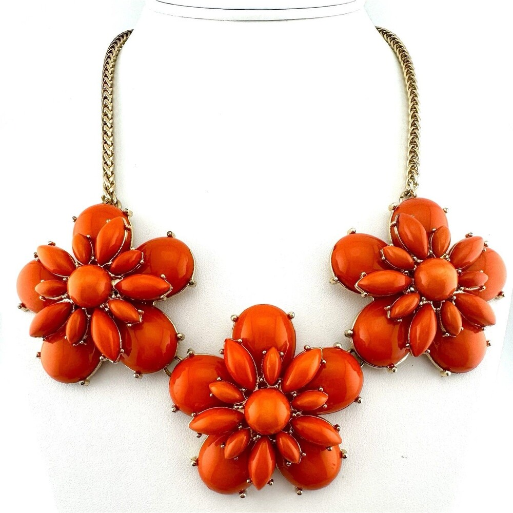 CHARMING CHARLIE Orange Statement Chunky Bib Necklace Floral Gold Tone 18” Plus